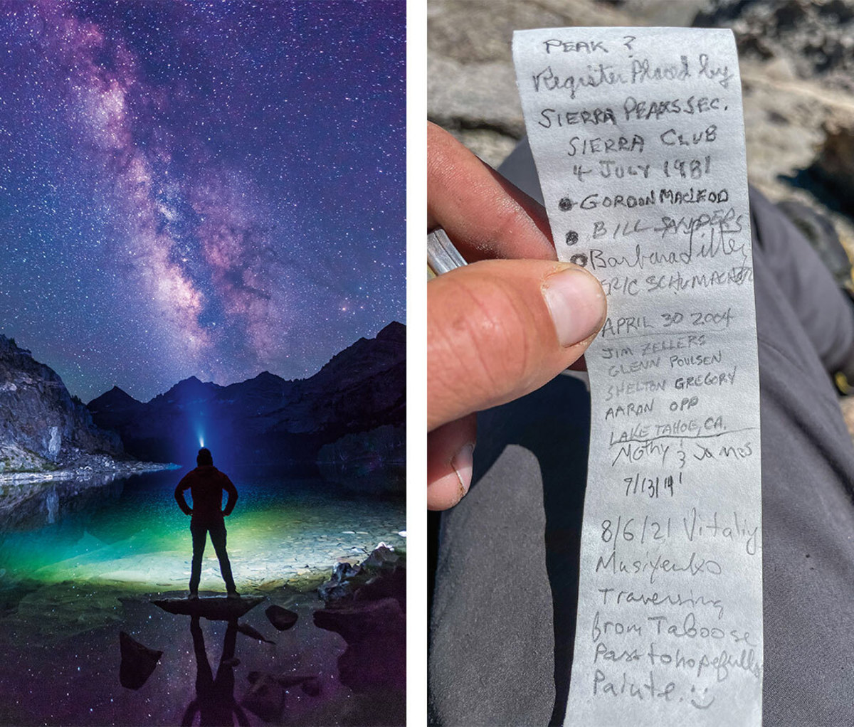 Left photo depicts adventurer at night wearing headlamp looking up at constellations. Photo right depicts names written on thin piece of paper