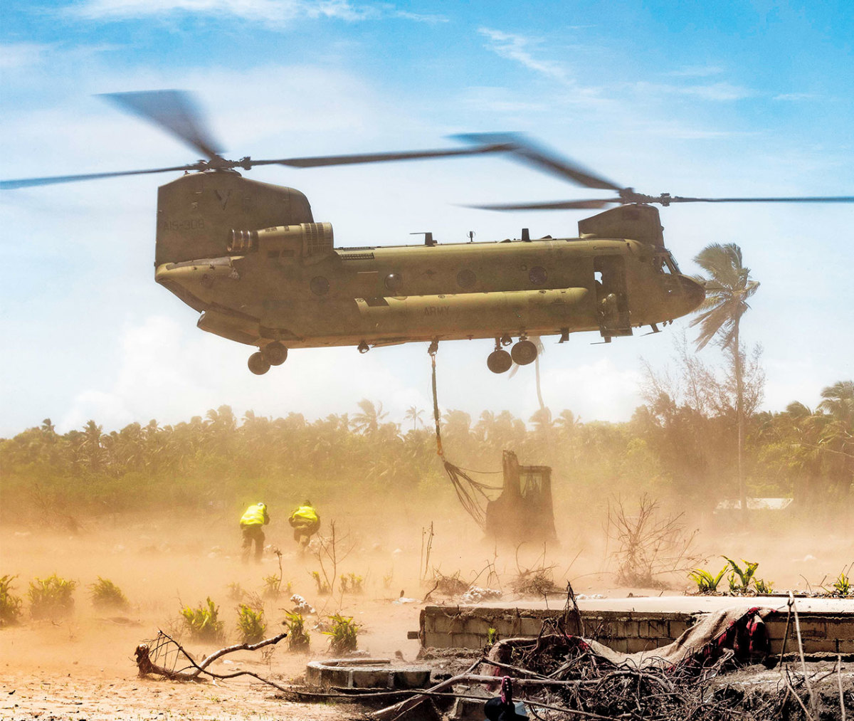 Army CH-47F Chinook helicopter lands to provide aid.
