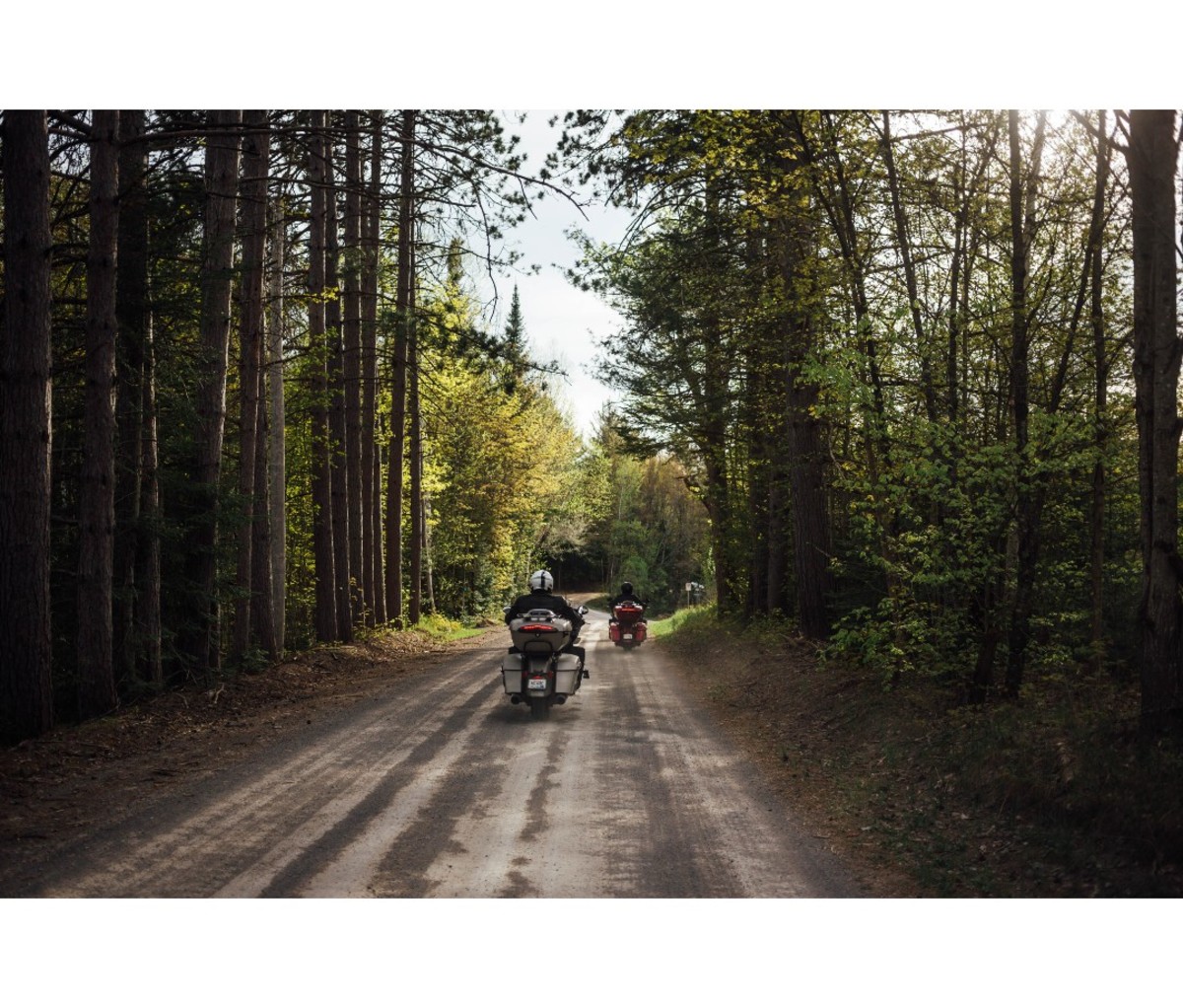 Two men riding Indian Pursuit Dark Horse motorcycles.