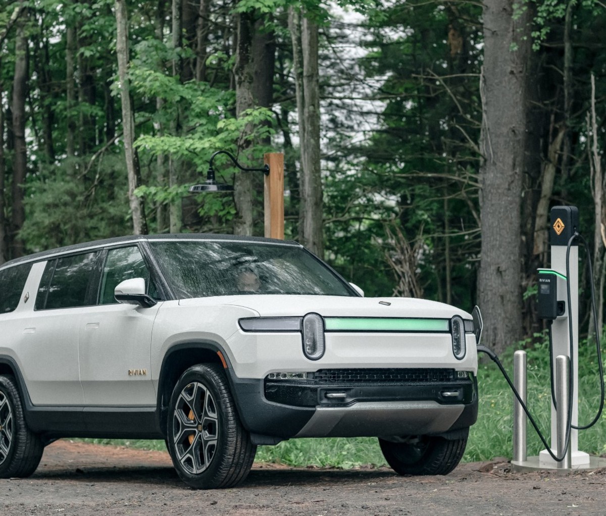 White electric SUV charging in wooded area