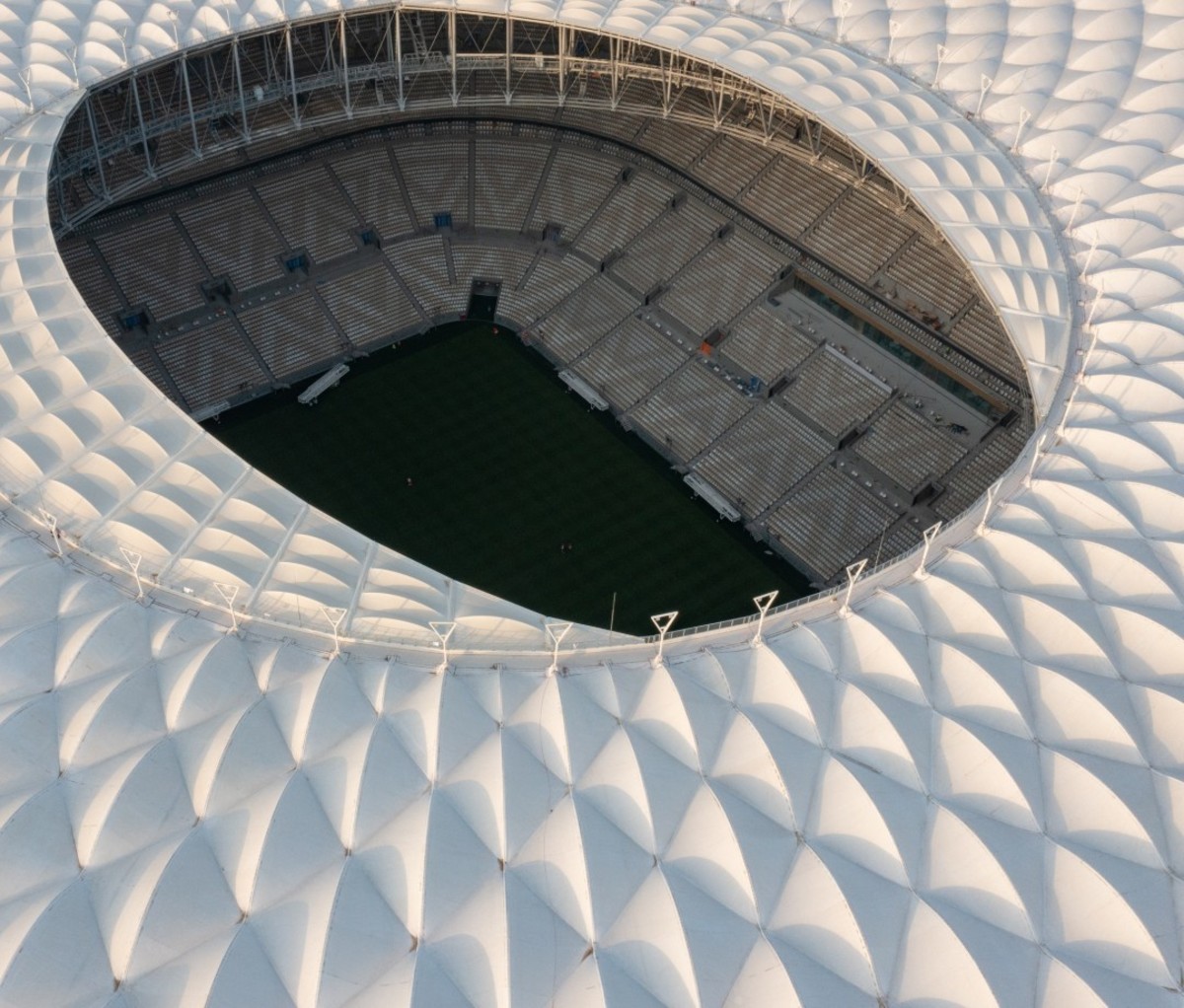 Aerial view of white geometric stadium