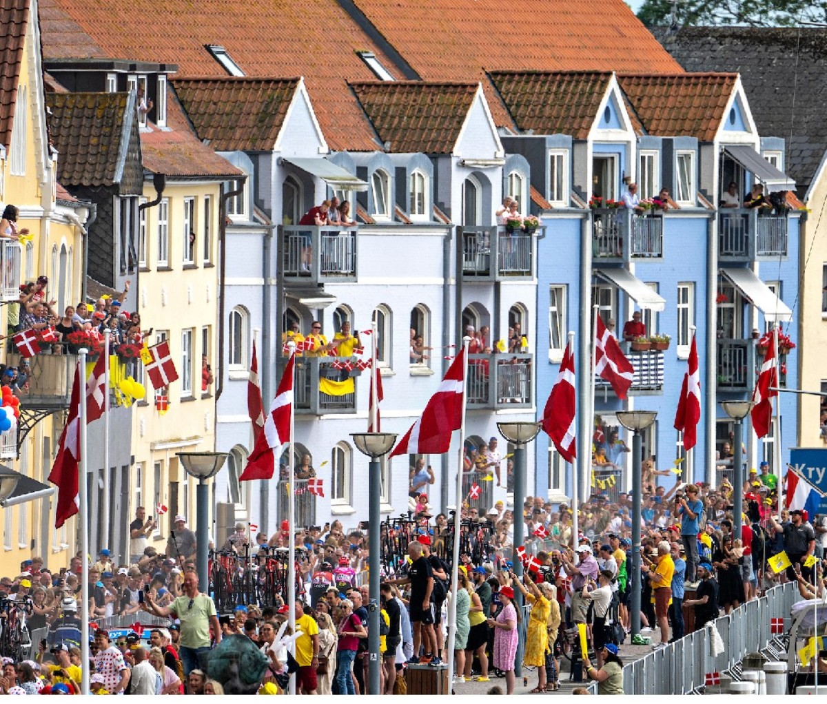 Row of flagged houses in a Danish town