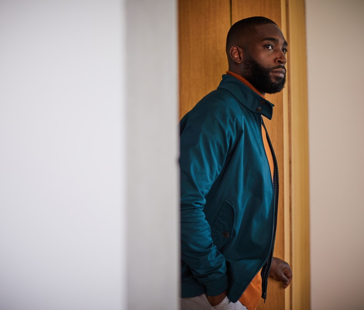 Tinie wears Signature Harrington jacket from Ben Sherman.