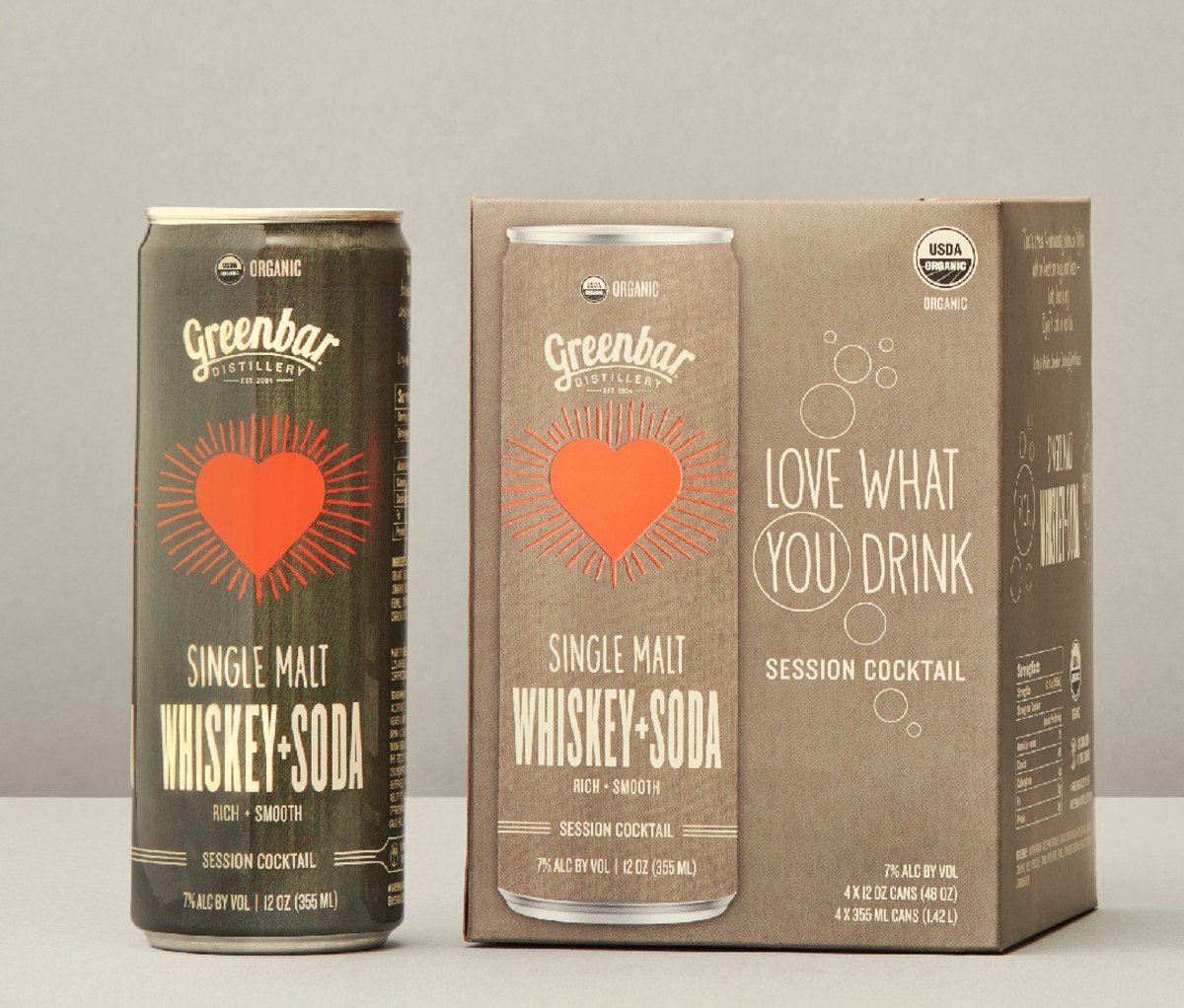Can and box container of Greenbar Distillery Whiskey + Soda