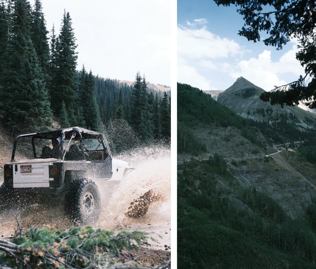 Driving all-wheel-drive vehicle through muddy water (left) and mountain range (right)