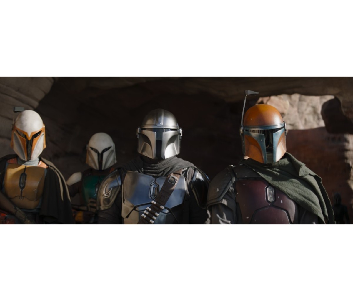 The Mandalorian (Pedro Pascal, third from left) in Lucasfilm's THE MANDALORIAN, season three, exclusively on Disney+. ©2022 Lucasfilm Ltd. & TM. All Rights Reserved.