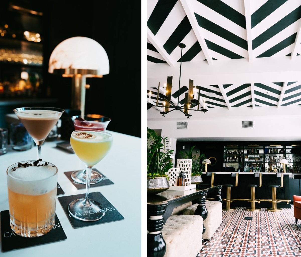 Two images side by side: Left depicts four craft cocktails and right shows glamorous bar with black and white tiling
