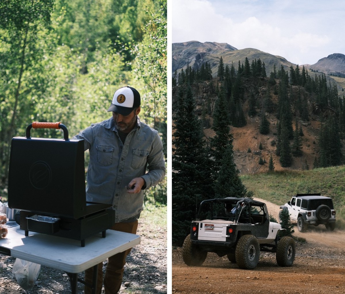 Left image depicts man grilling in woods. Right photo depicts Jeeps going up steep off-roading pass
