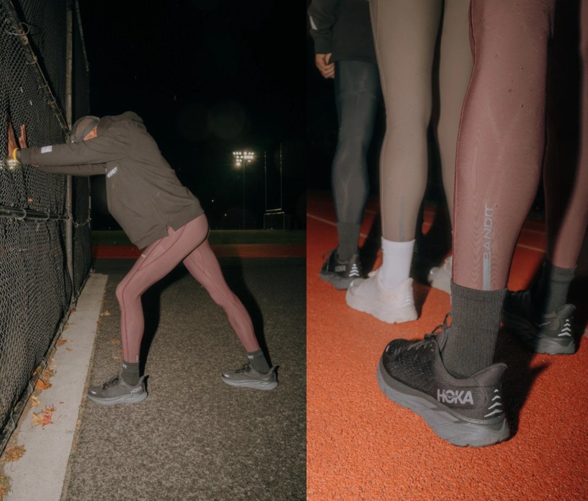 Left image shows Black man in cold-weather running apparel stretching hamstring against fence. Photo right shows three runners' lower legs in sneakers and training tights.