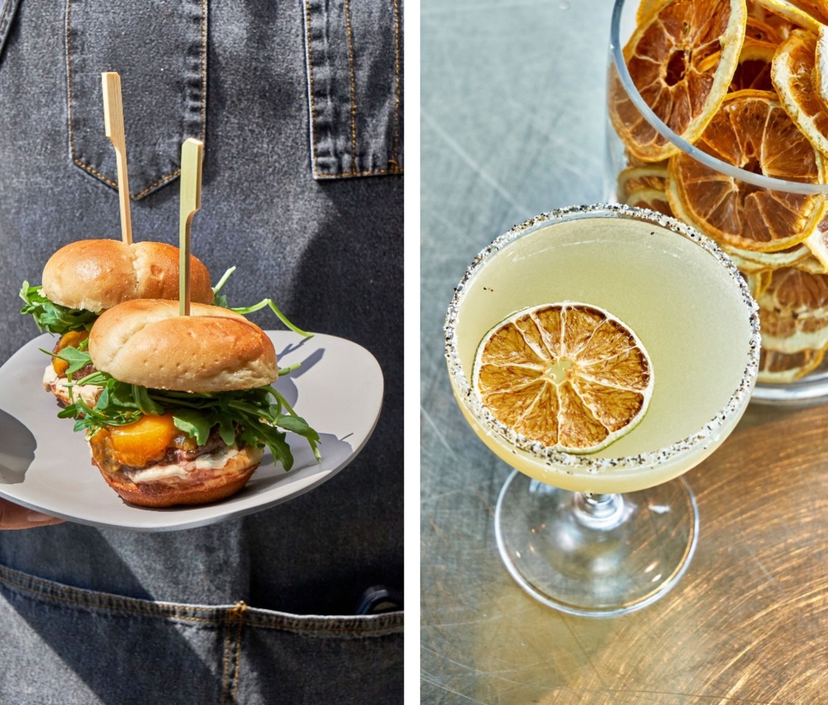 Sliders on plate in image on left and cocktail with dried orange slice in right
