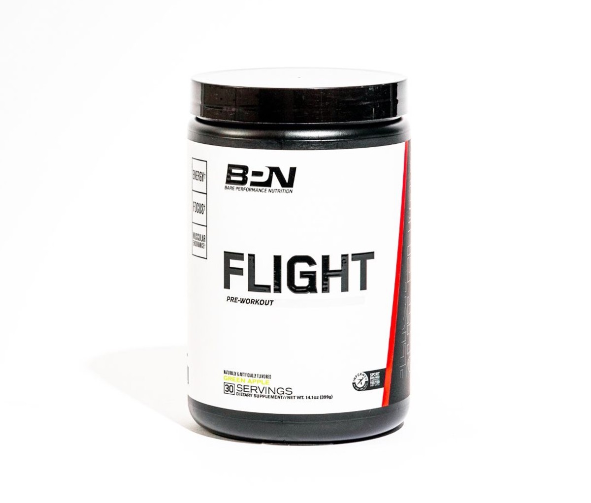 Bottle of BPN Flight supplement on white background.