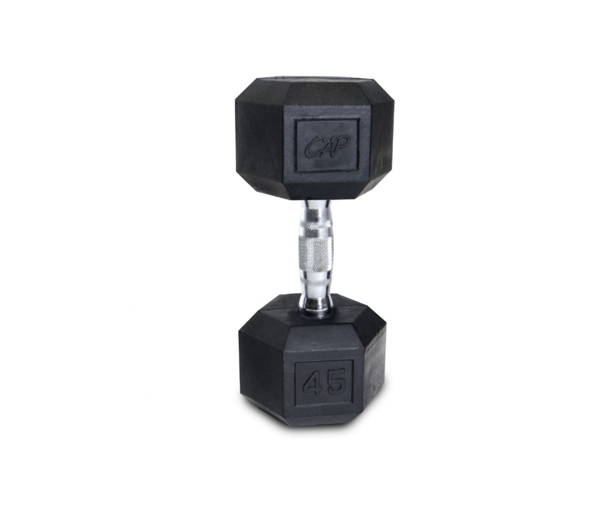 Rubber-coated hex dumbbell on a white background.
