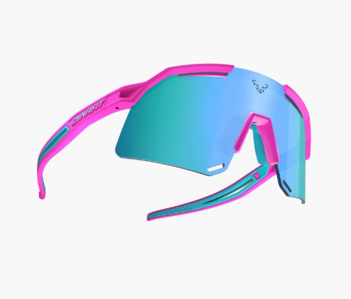 Blue and green mirrored sunglasses with pink frame on a white background.