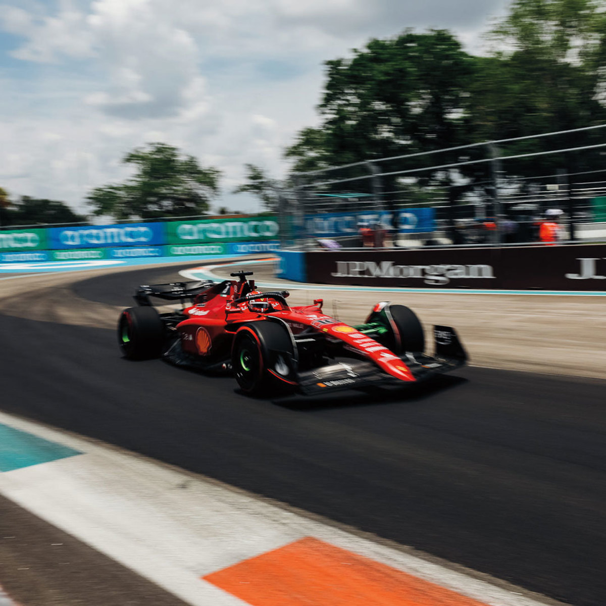 Red Ferrari on track at Formula 1 Miami Grand Prix