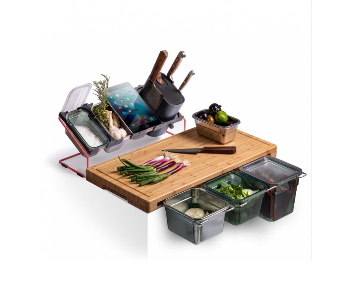 Cooking and prep station with multiple units on a white background.