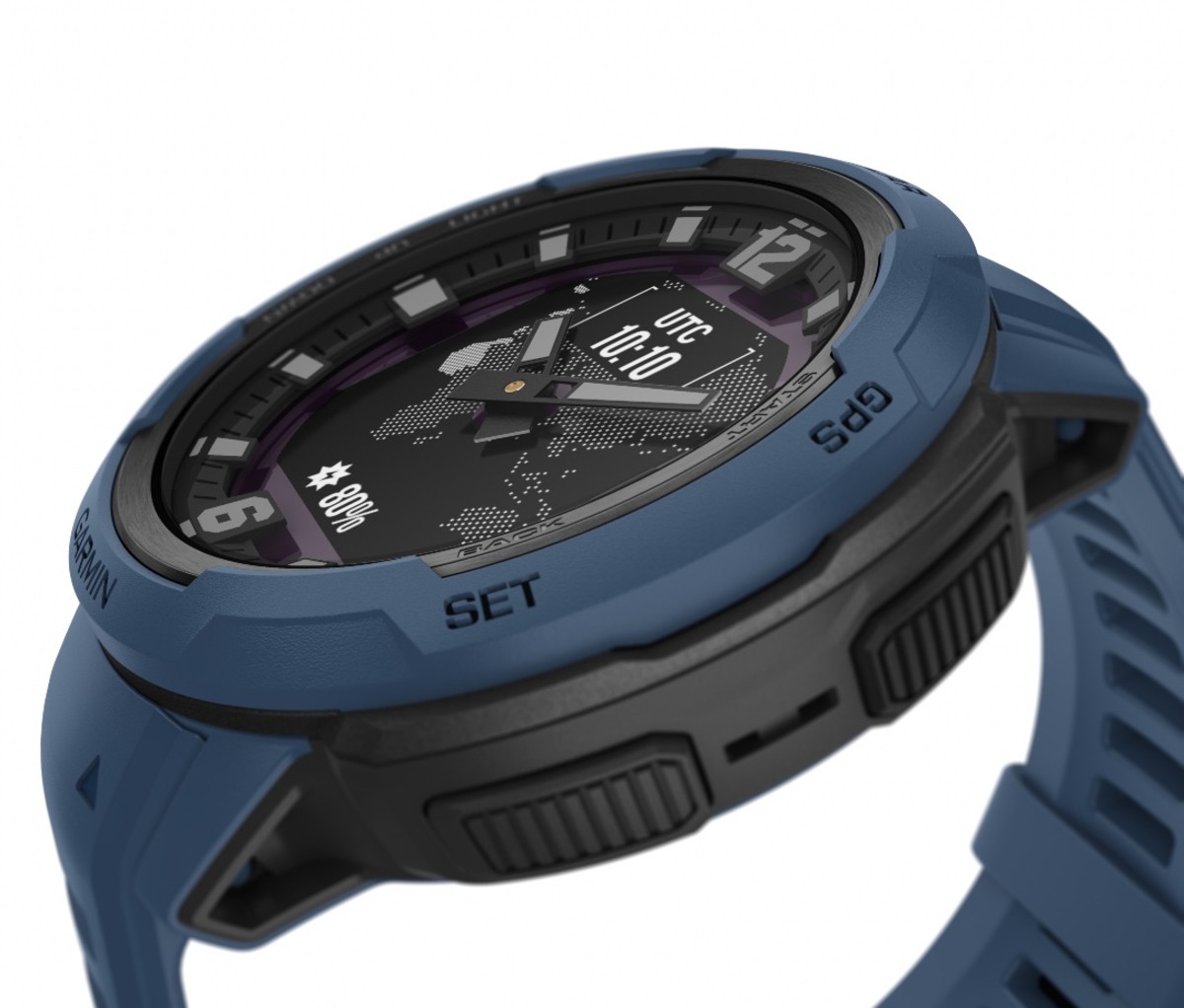 Blue Garmin Instinct Crossover smartwatch on white background at an angle.