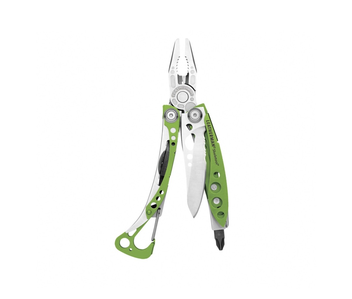 Green and silver multi-tool on a white background.