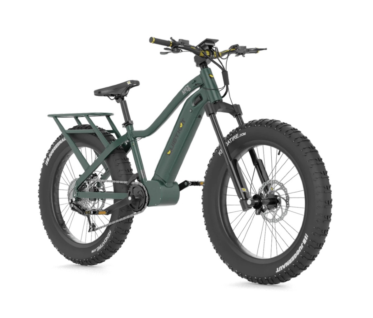 Olive green e-bike with fat tires on a white background.