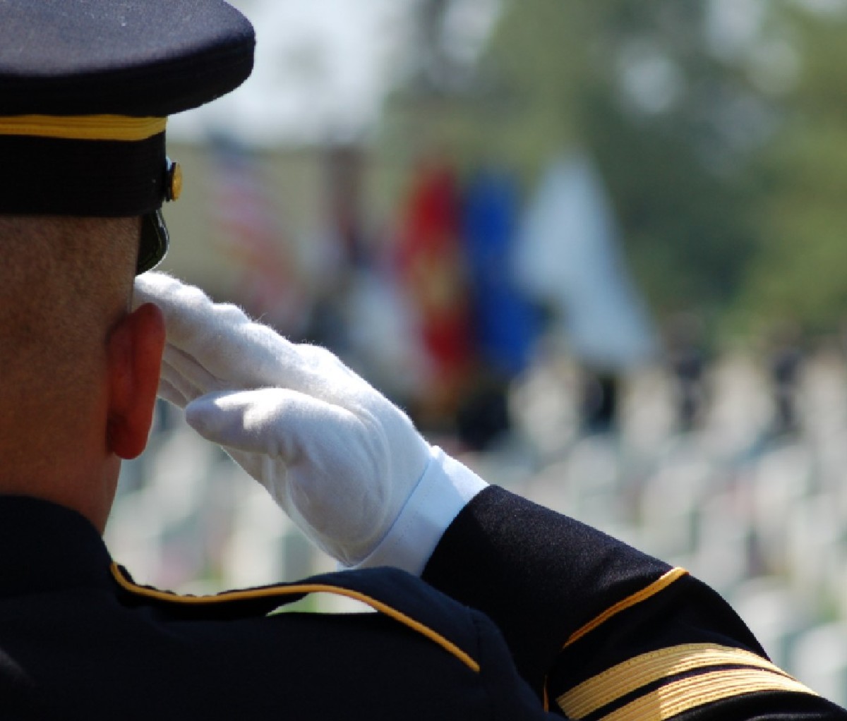 Back side, closeup of military officer saluting with white-gloved hand.