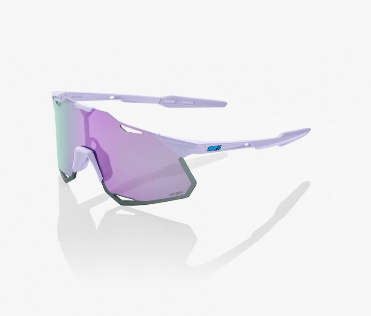 Purple and green tinted sport sunglasses on a white background.