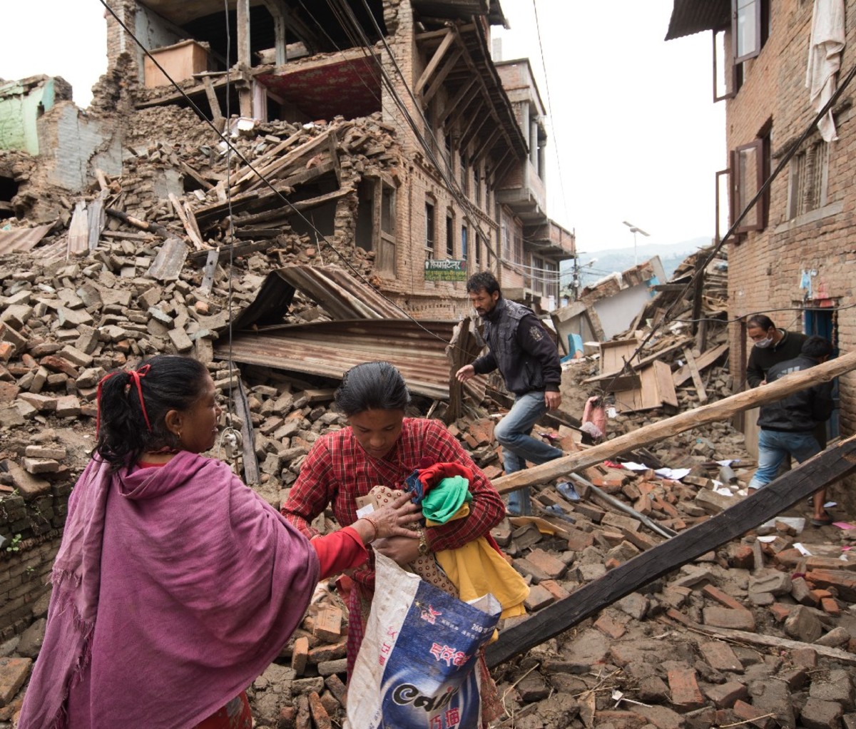 Rubble and damaged buildings in a village near Kathmandu, Nepal, after the 2015 earthquake.