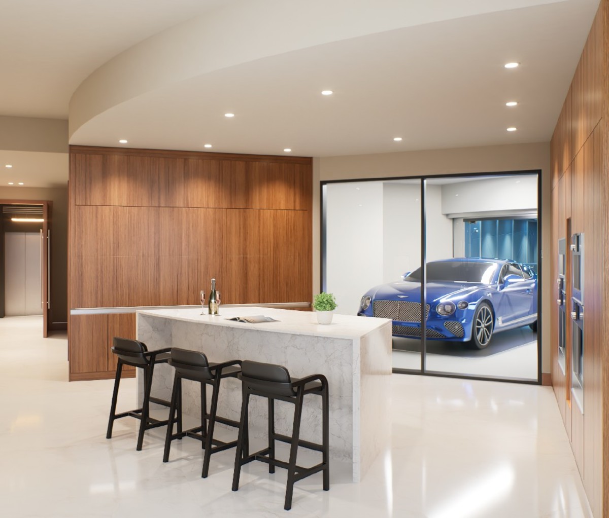 Interior of Bentley Residences Miami: dining area in foreground with auto room in background.