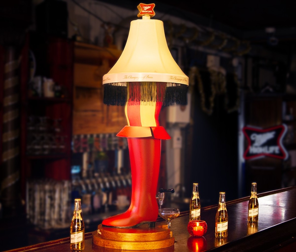 The High Life Leg Lamp Beer Tower in a bar