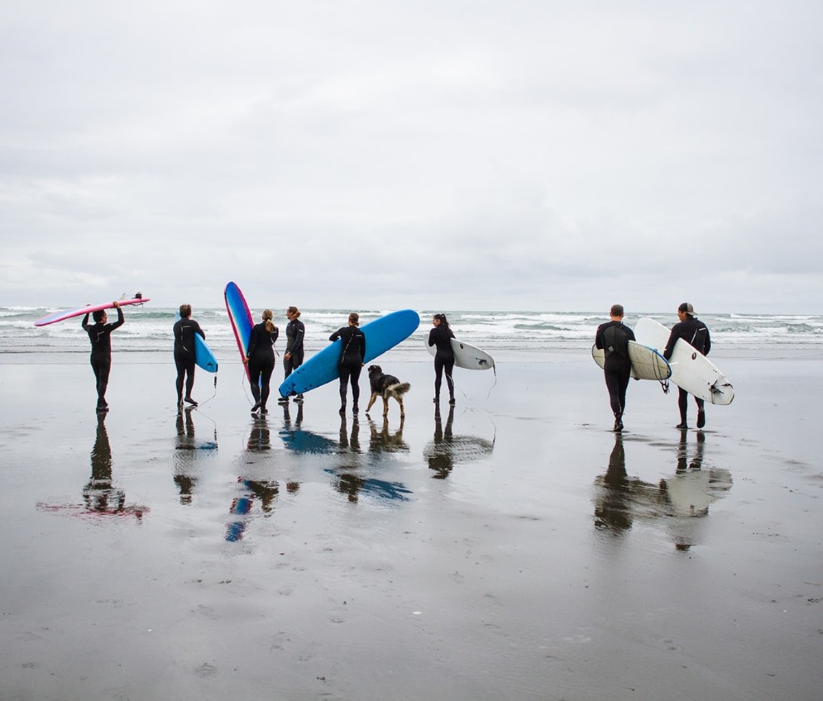 Surfers on the beach near Seabrook, Washington