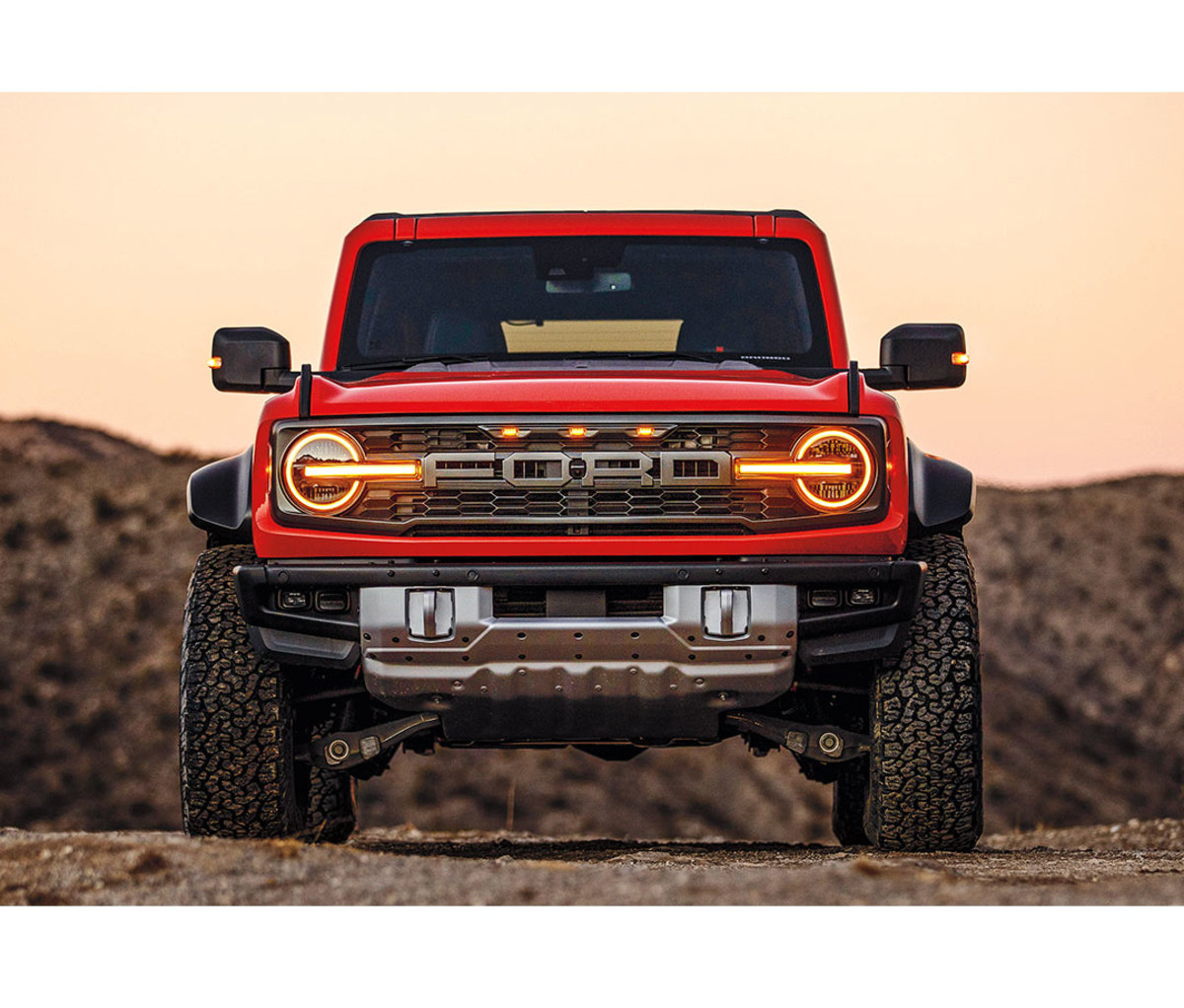 Front view of orange Ford Bronco 4x4