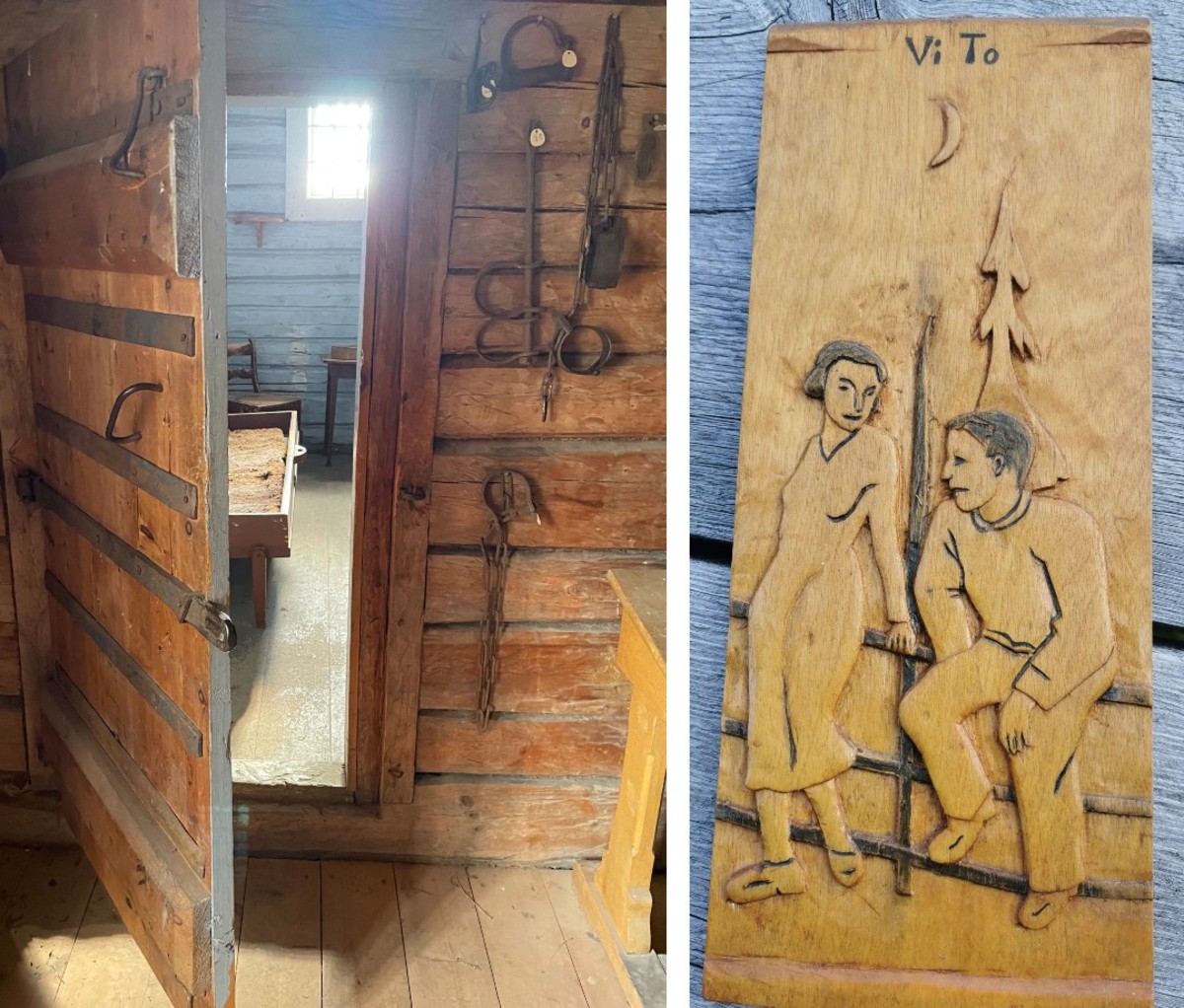 Image of jail cell on left with wood carving of man and woman on right