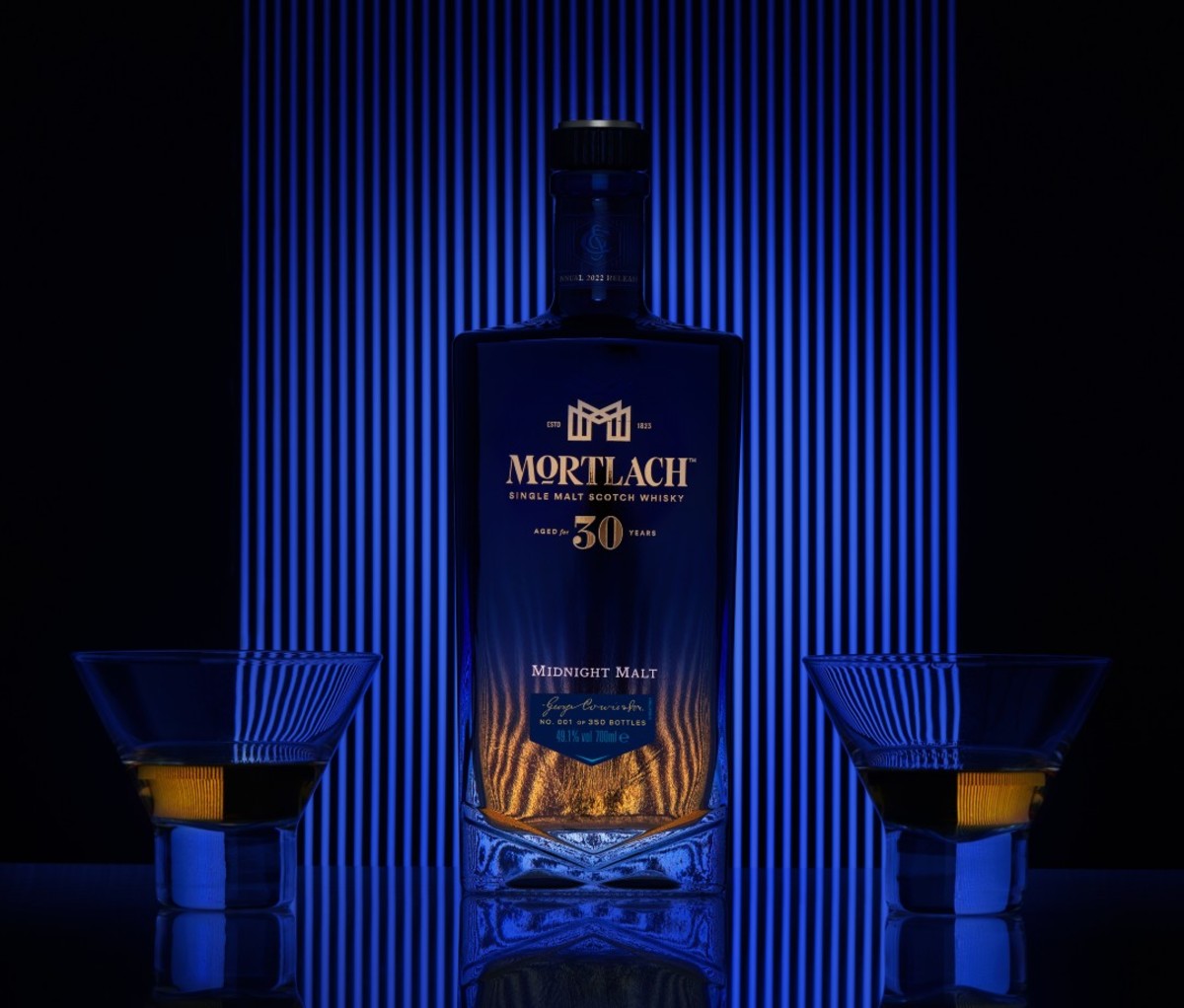 Blue bottle of whiskey called Mortlach 30