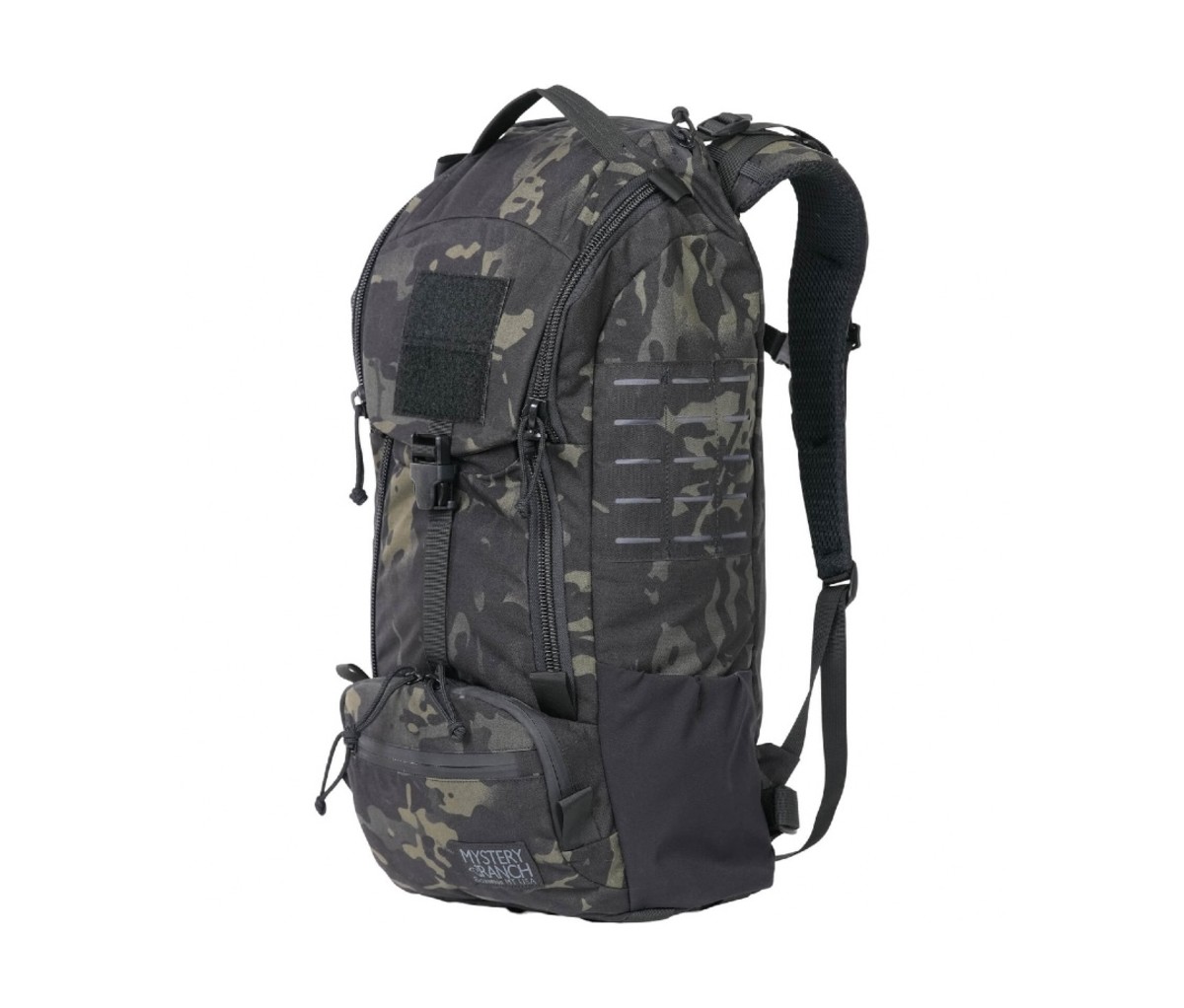 Dark camo pattern backpack on a white background.