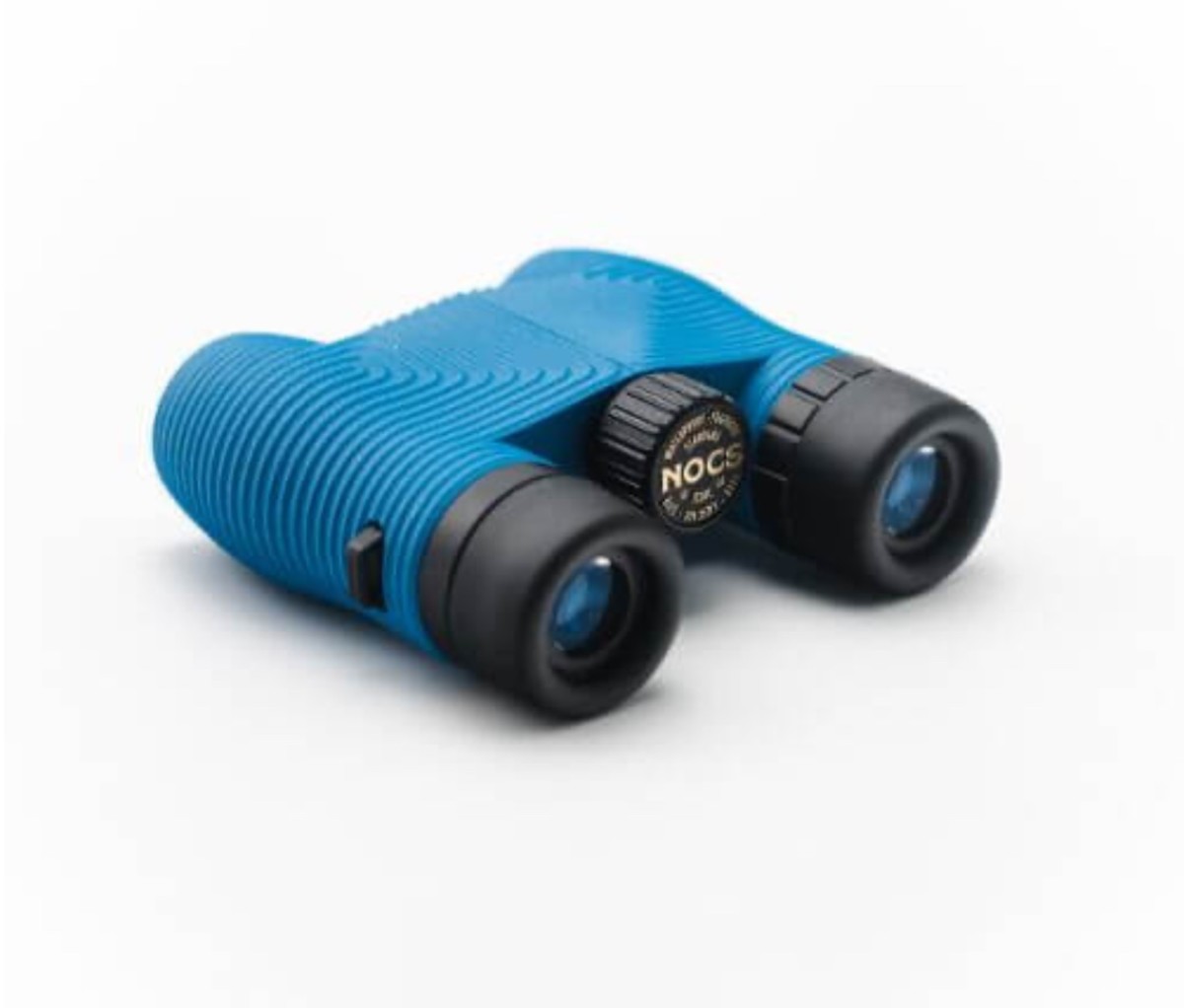 Compact blue binoculars on a white background.