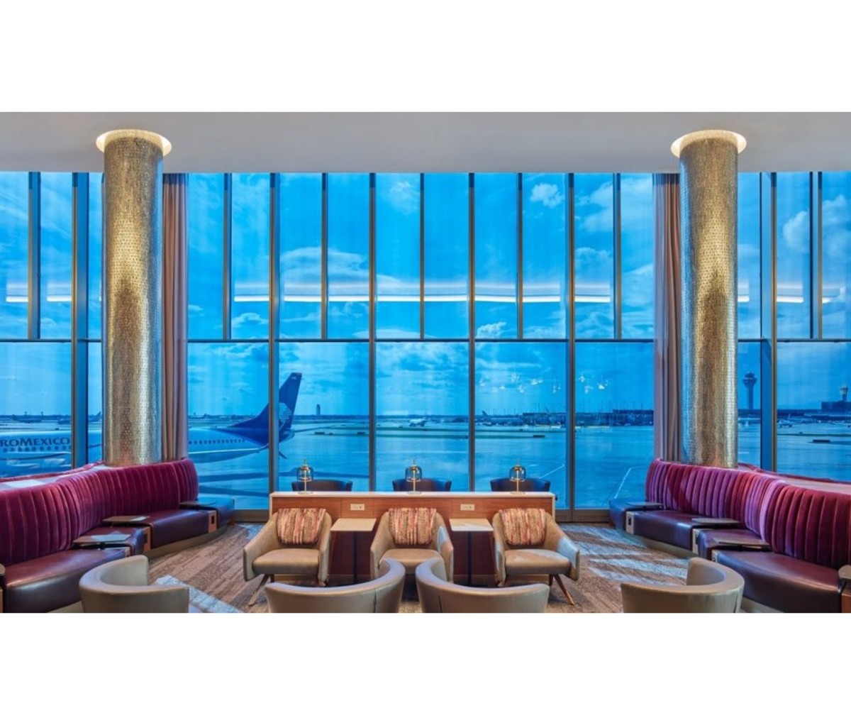 Luxury airport lounge at dusk