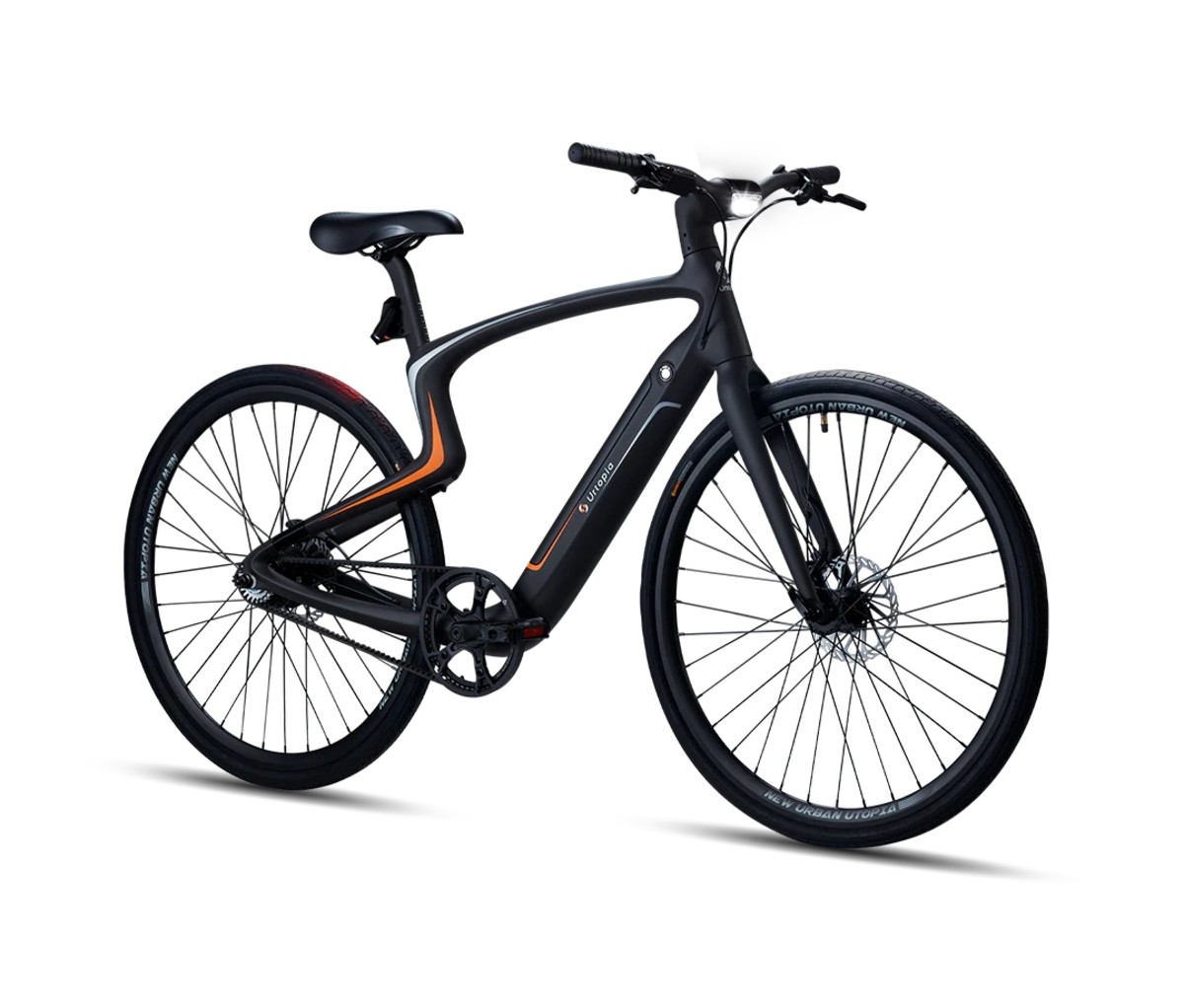 Futuristic carbon fiber e-bike on a white background.