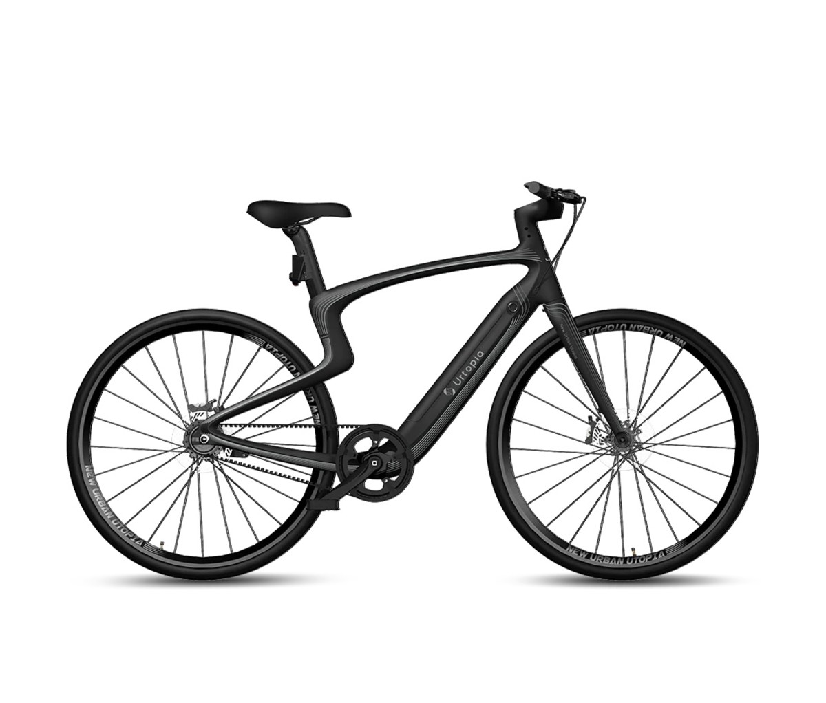 Futuristic carbon fiber e-bike on a white background.