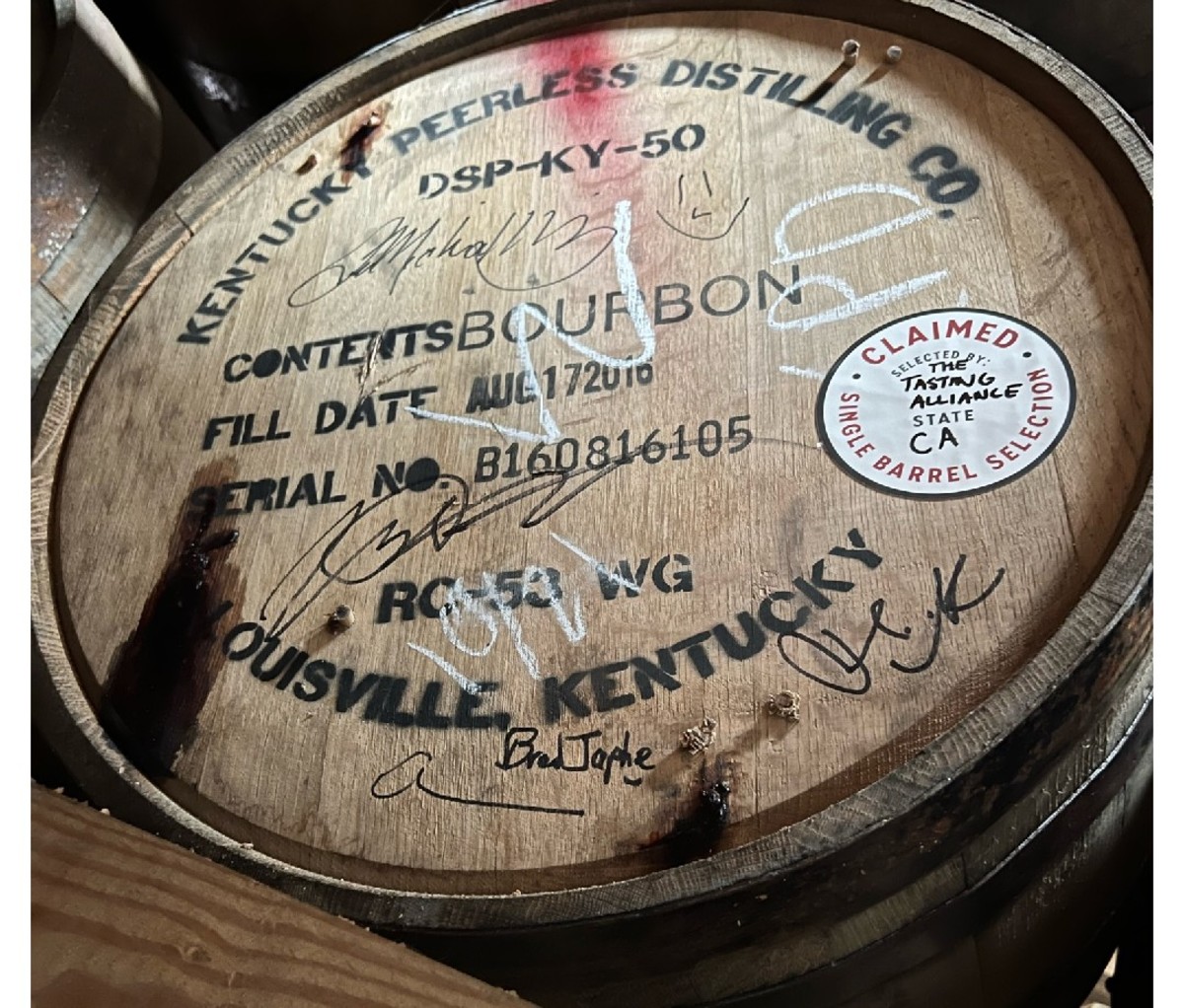 Marked barrel label at Peerless Distillery.
