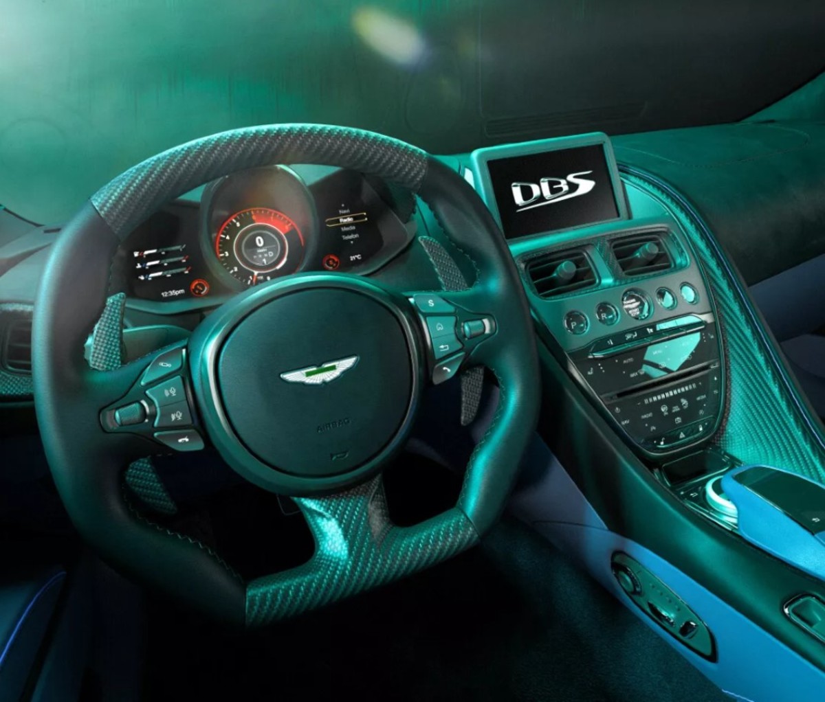 Interior detail of the Aston Martin DBS 770 Ultimate steering wheel and information screen