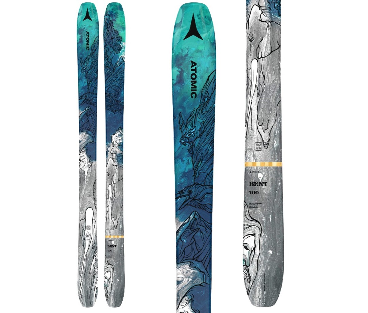Atomic Bent 100 skis in three different close-ups