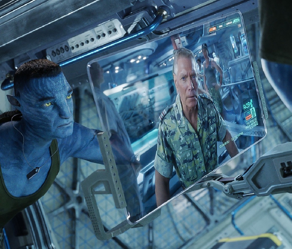 Actor Stephen Lang as Col. Quaritch speaks on a monitor in Avatar: The Way of Water.