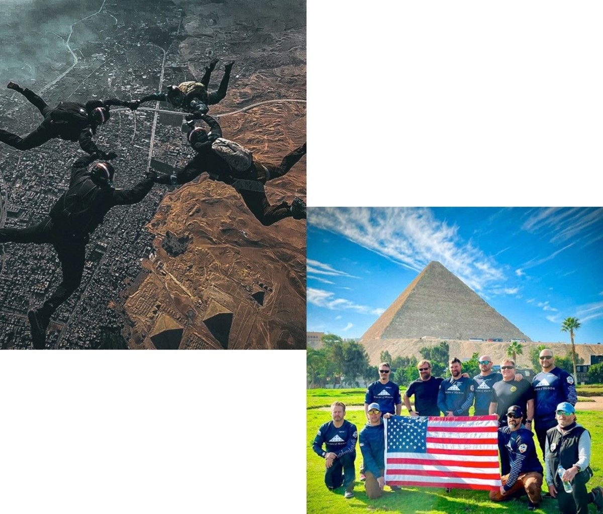 Skydivers in air and on land in front of pyramid
