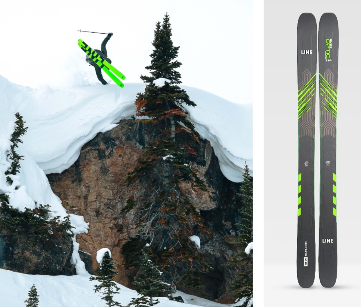 Skier doing jump with neon green skis