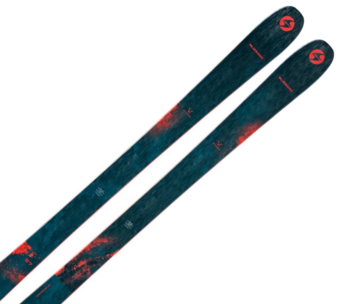 Blue and red patterned skis on white backdrop