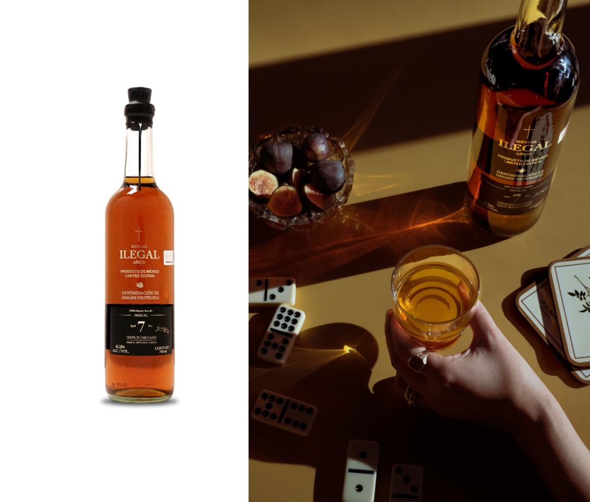 Image right depicts bottle of Ilegal Mezcal 7-Year Añejo on table with hand holding half-filled glass. Image right depicts same bottle against white backdrop.