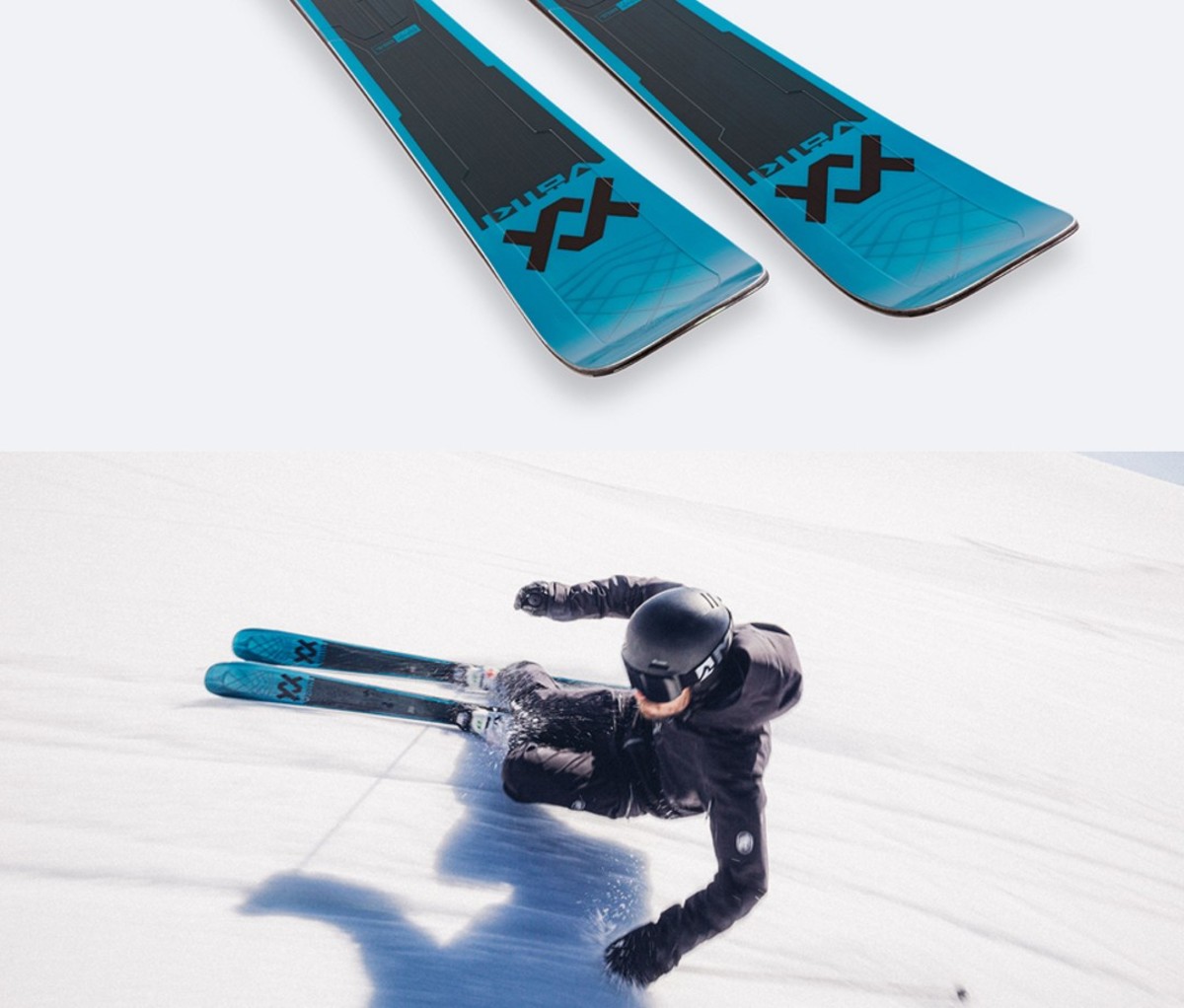 Pair of 3 Volkl Kendo 88 skis above action shot of skier