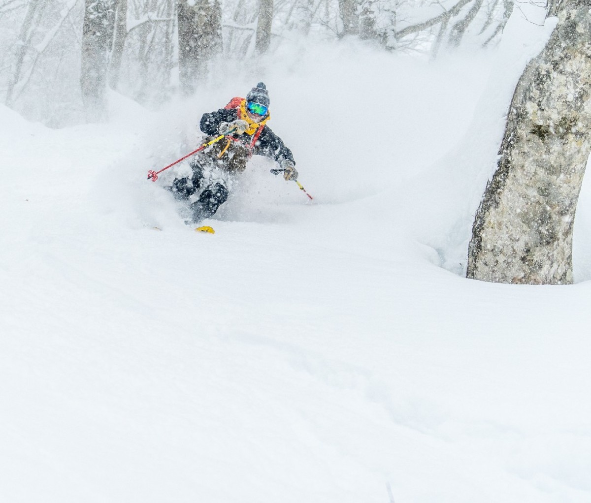 Skier heading down a deep powder glade in the Japanese Alps.