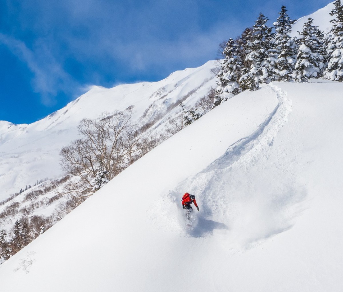 Snowboarder heading down a powdery slope in the Japanese Alps.