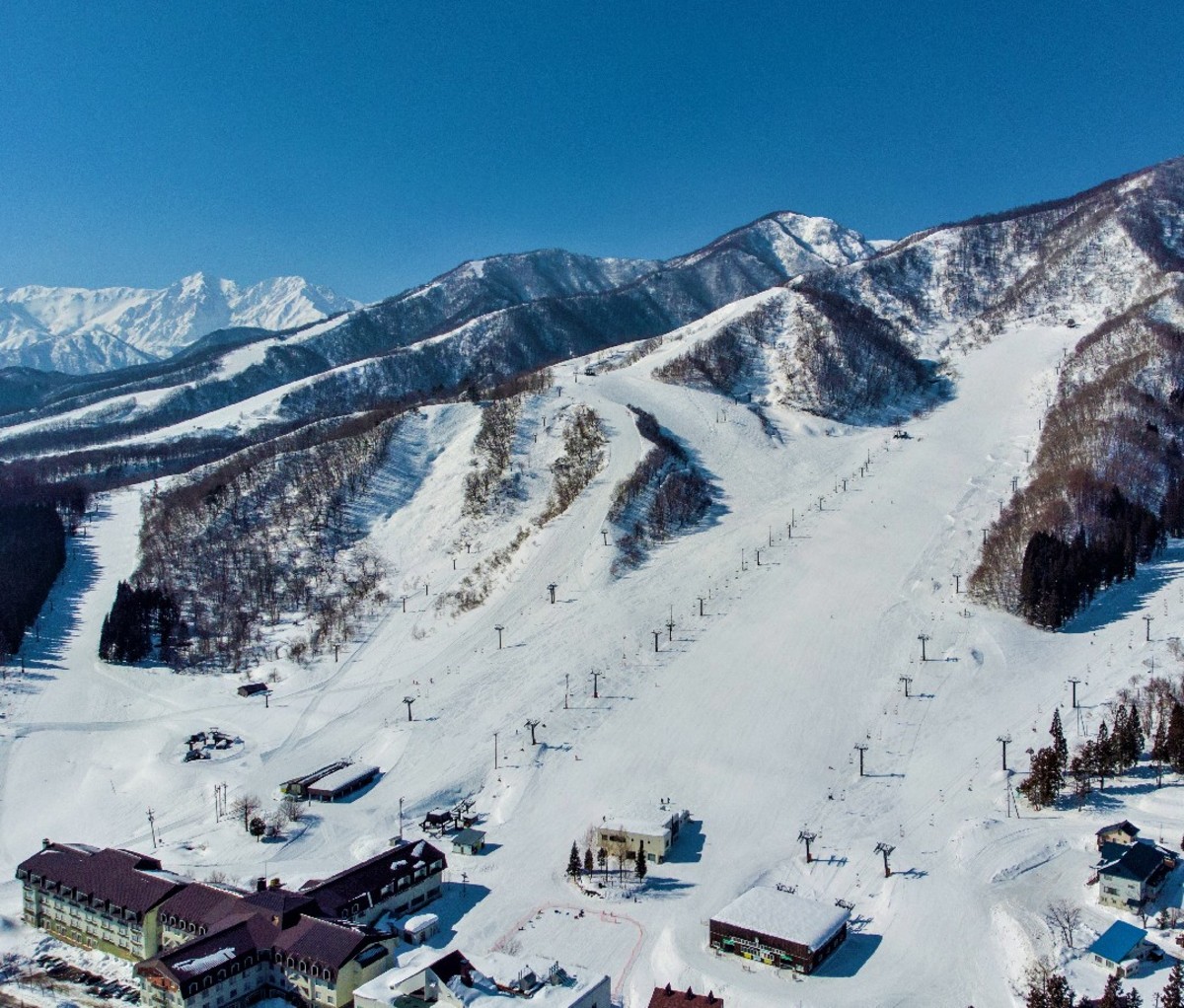 Aerial shot of Hakuba Norikura Ski Resort base.