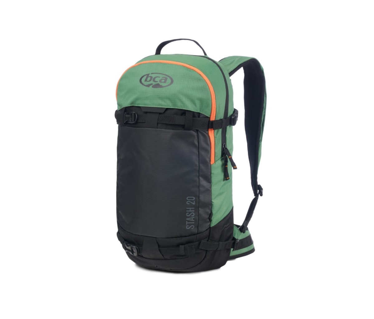 Green and black backpack with orange piping