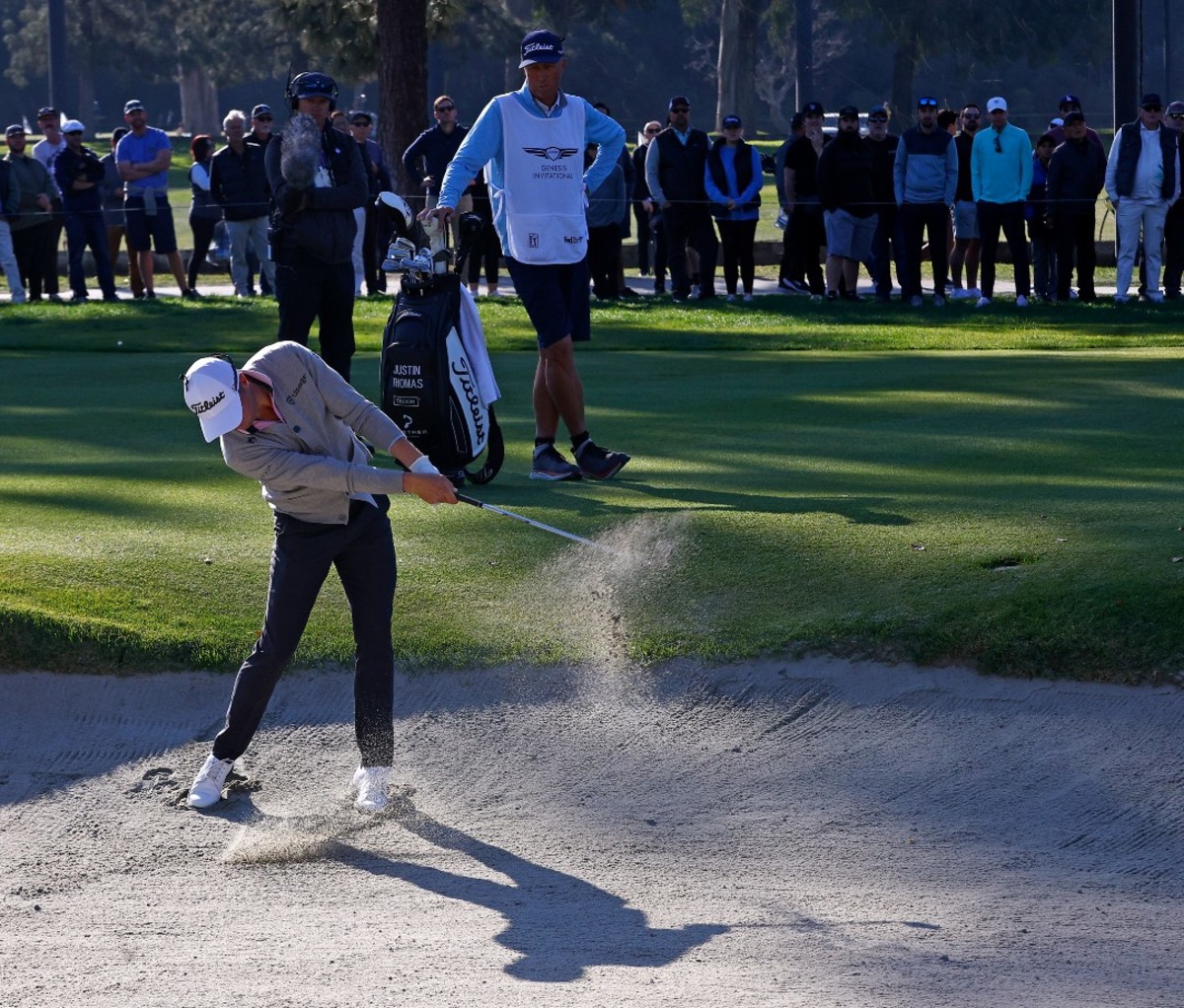Justin Thomas plays from the bunker on the second hole during the final round of the Genesis Invitational at Riviera Country Club on February 19, 2023.